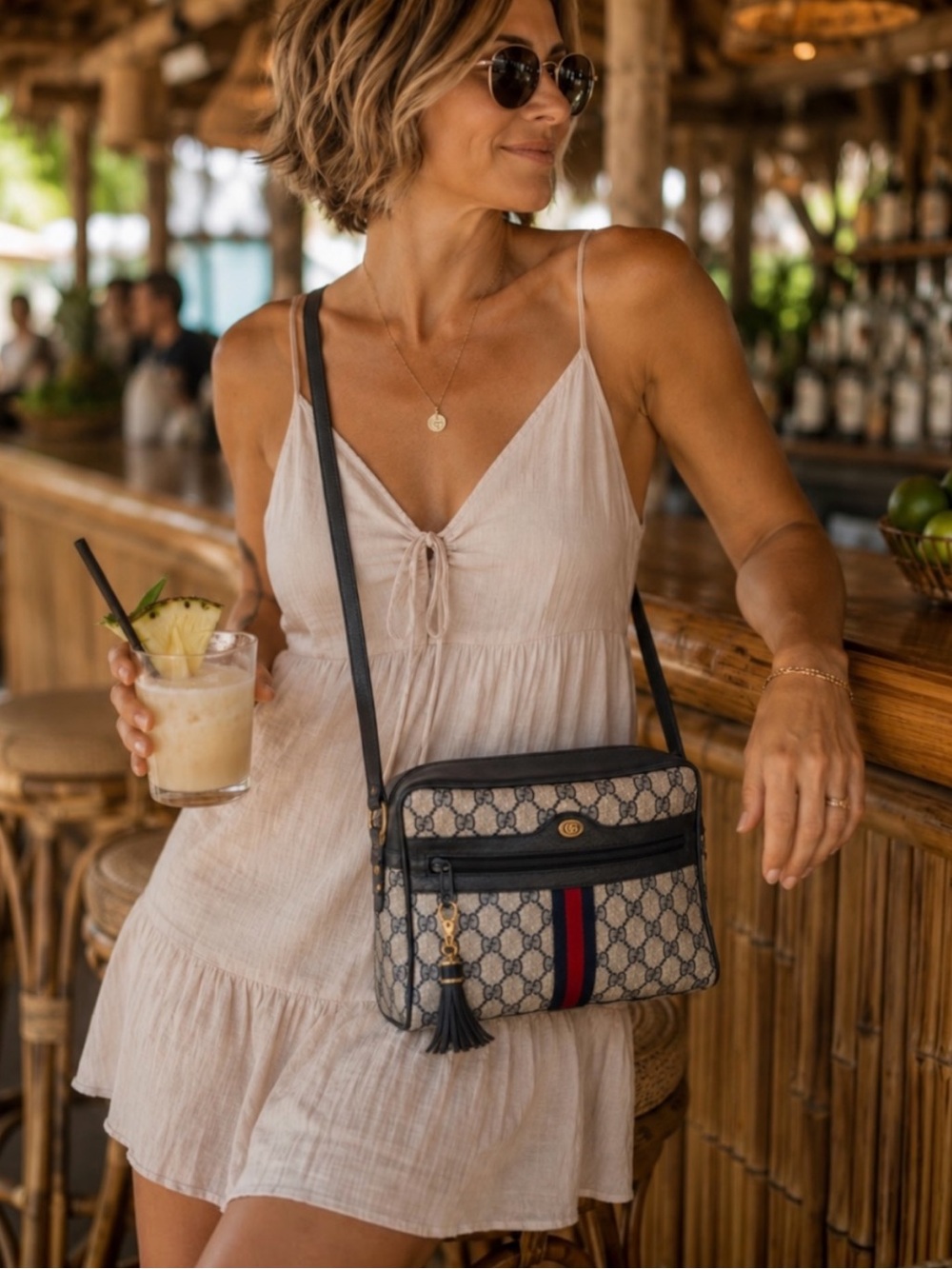 Authentic Gucci Vintage GG Canvas Crossbody with Navy & Red Web Stripe Tassel - Picture 2 of 13
